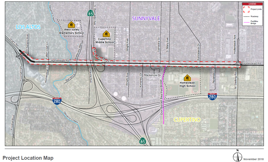 A map showing the project extents of the Homestead Road Project