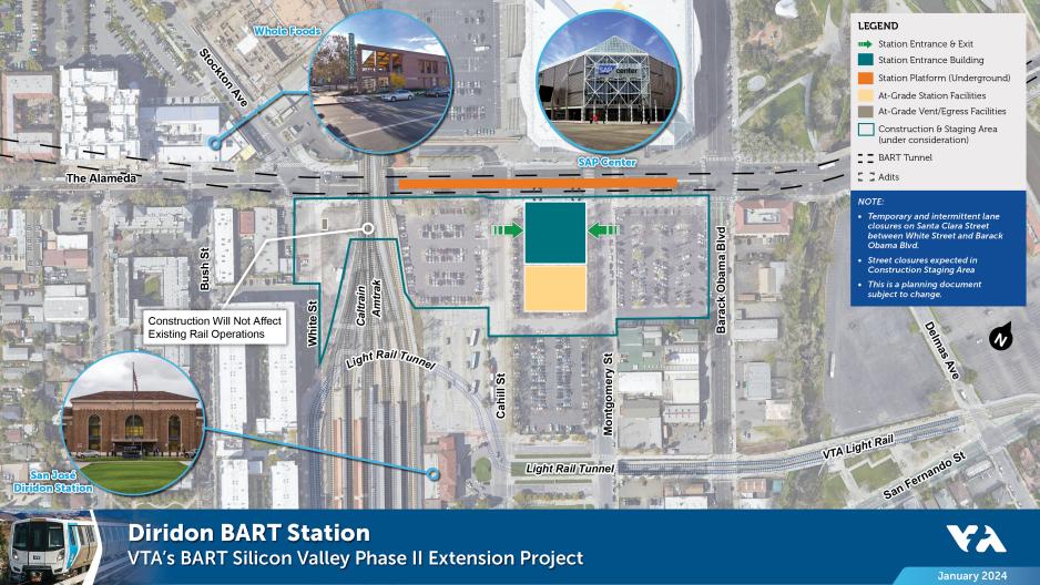 Map of VTA's Diridon BART Station. The station entrance building will be on the southside of Santa Clara Street between Cahill and Montgomery Streets. Platforms will be underground. Future potential transit-oriented development may be built on-top of the station entrance building or behind it.