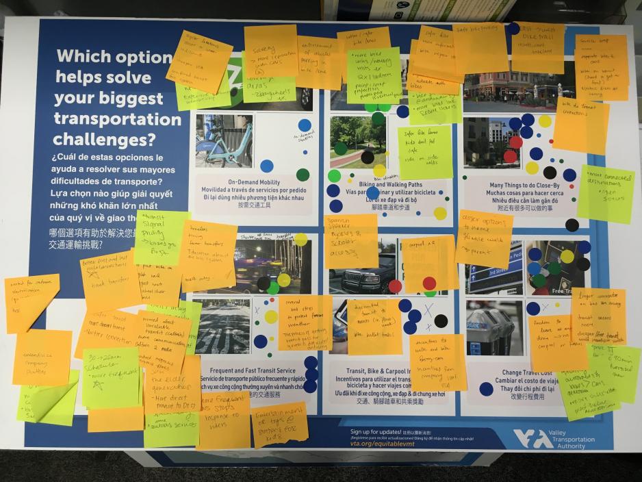 VTA bulletin board with post-its written by the community for their suggestions on a project