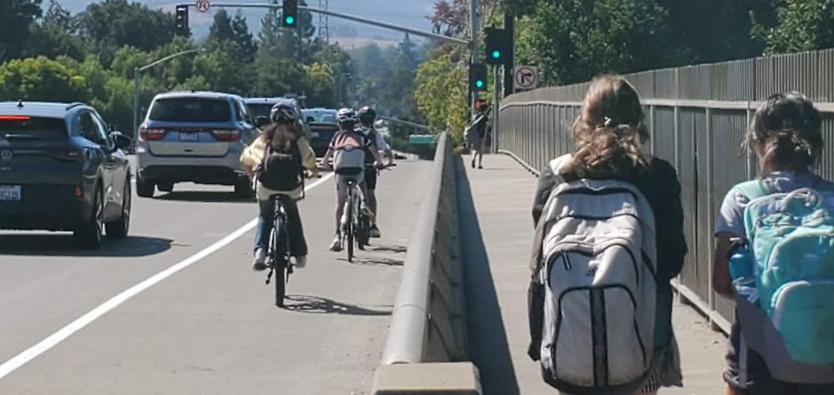 children riding bikes on and next to the street.