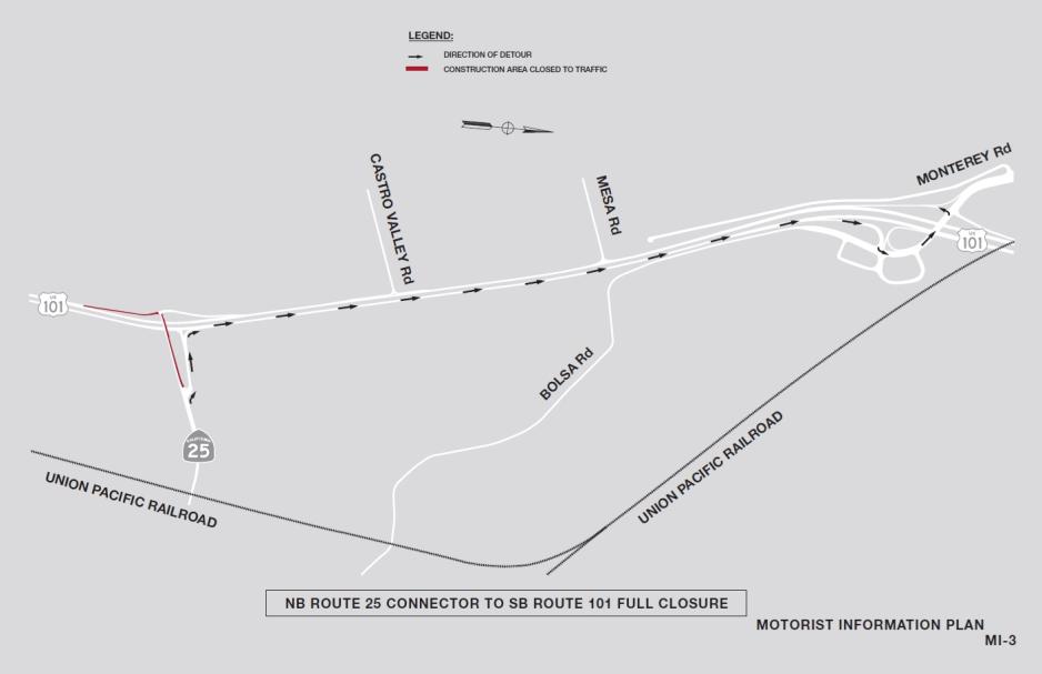 Detour Map if traveling Northbound State Route 25 to Southbound US 101