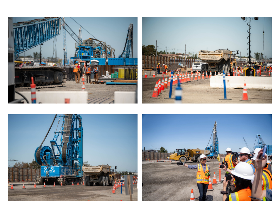 four photos of construction site and reporters