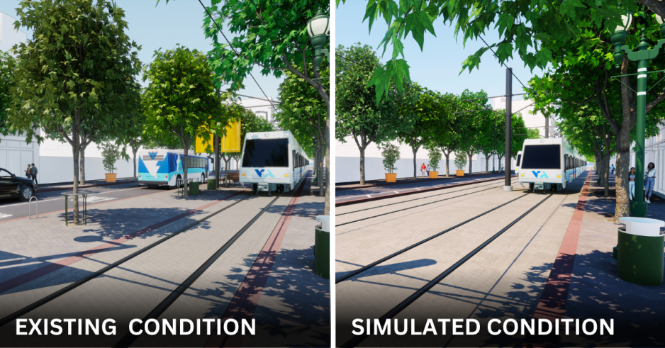 Rendering of existing condition and proposed design for light rail realignment. 