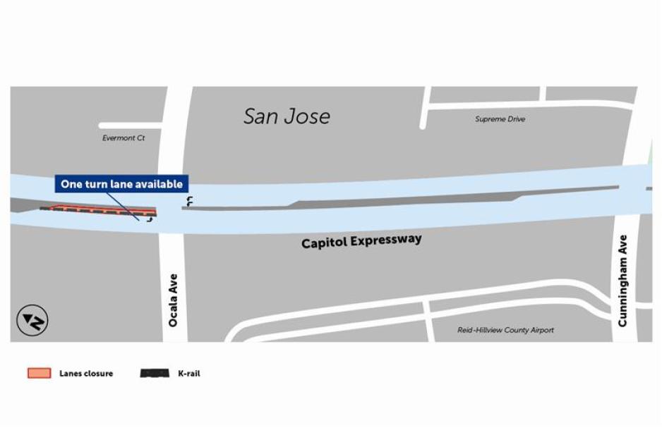 An aerial map of the Capitol Expressway and Ocala Avenue Intersection, showing that the left turn lanes from SB Capitol Expy. onto EB Ocala Avenue is reduced by one lane.