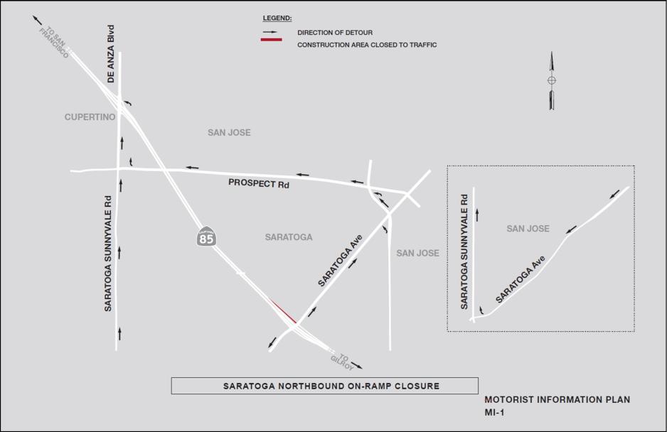 SR85 Traffic Advisory Map (SARATOGA NORTHBOUND ON-RAMP CLOSURE)