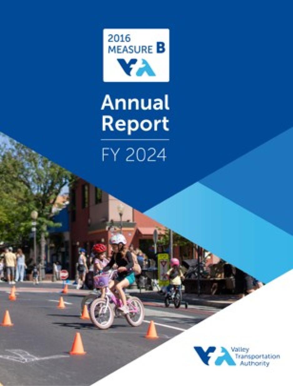 The image is the cover page of the 2016 Measure B Fiscal Year 2024 Annual Report. There is a child on a tricycle in the foreground. 
