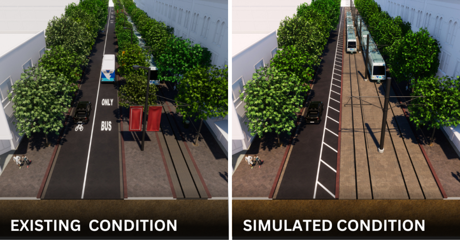 Side by side of existing DTSJ light rail on first street compared to proposed design with 2-trackways.