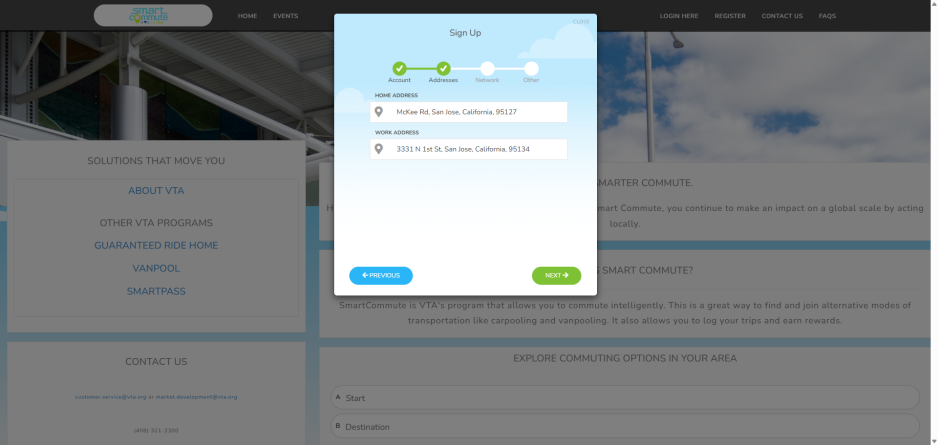 SmartCommute website with the registration pop-up