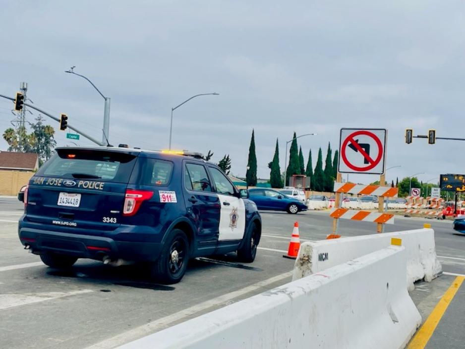 San Jose Police and No left turn sign on Capitol Expressway in East San Jose