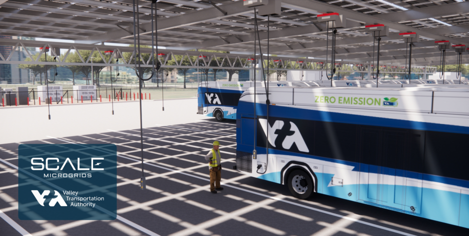 blue and wh ite VTA bus under solar canopy; Scale Microgrid logo in left corner