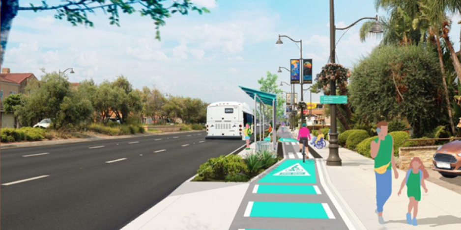 aqua colored bike path in street, people walking by on sidewalk, bus driving away on the street