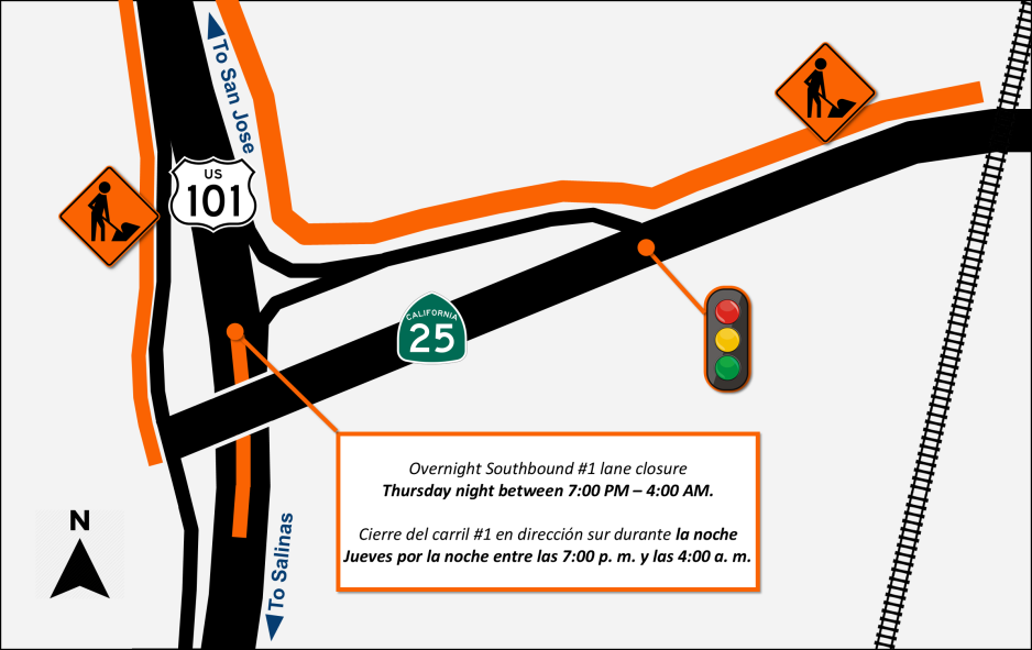 traffic advisory map for the US-101 and CA-25 interchange. An orange text box indicates an overnight southbound #1 lane closure on Thursday night between 7:00 PM and 4:00 AM. The map shows orange construction highlighting along US-101 South (toward Salinas) and the connecting ramps to CA-25, featuring icons for road work and a traffic signal.