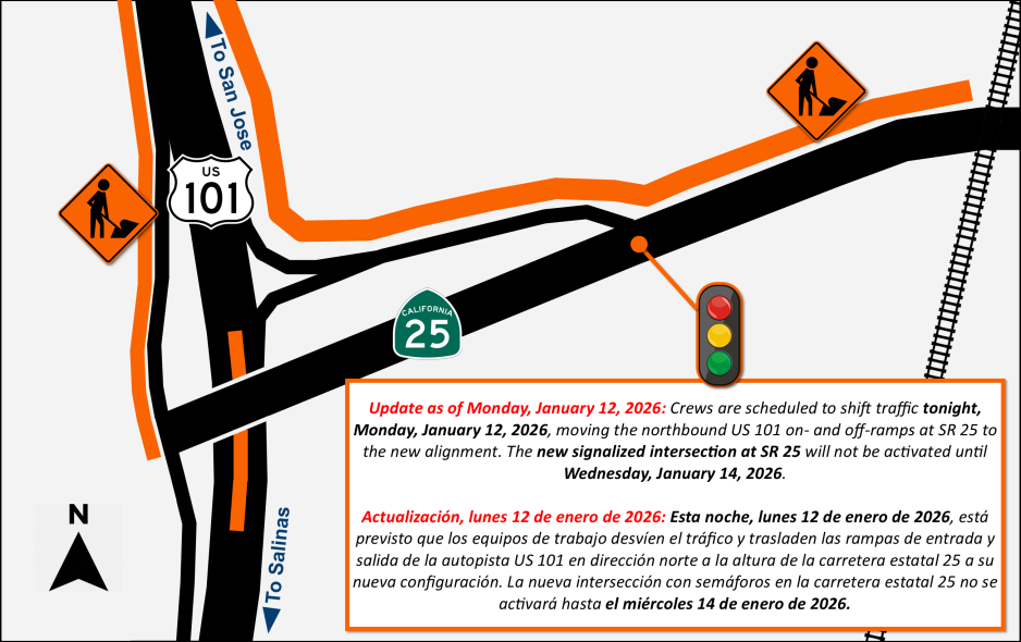 Updated Traffic Advisory – US 101/SR 25 (Effective Tonight)