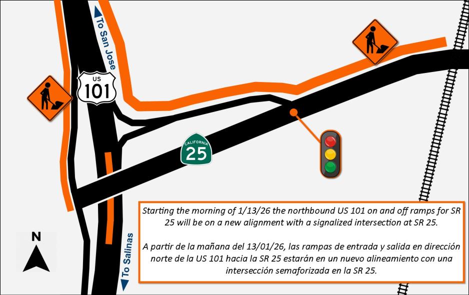 US 101/SR 25: TRAFFIC ADVISORY NB 101 on-ramp and off-ramp at SR 25 shift to new alignment