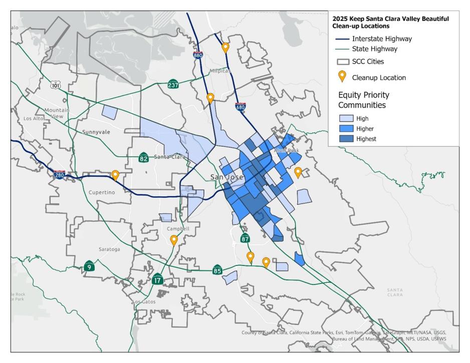 This figure shows a map of 2025 Keep Santa Clara Valley Beautiful Program cleanup locations, overlayed on equity priority communities layer. 
