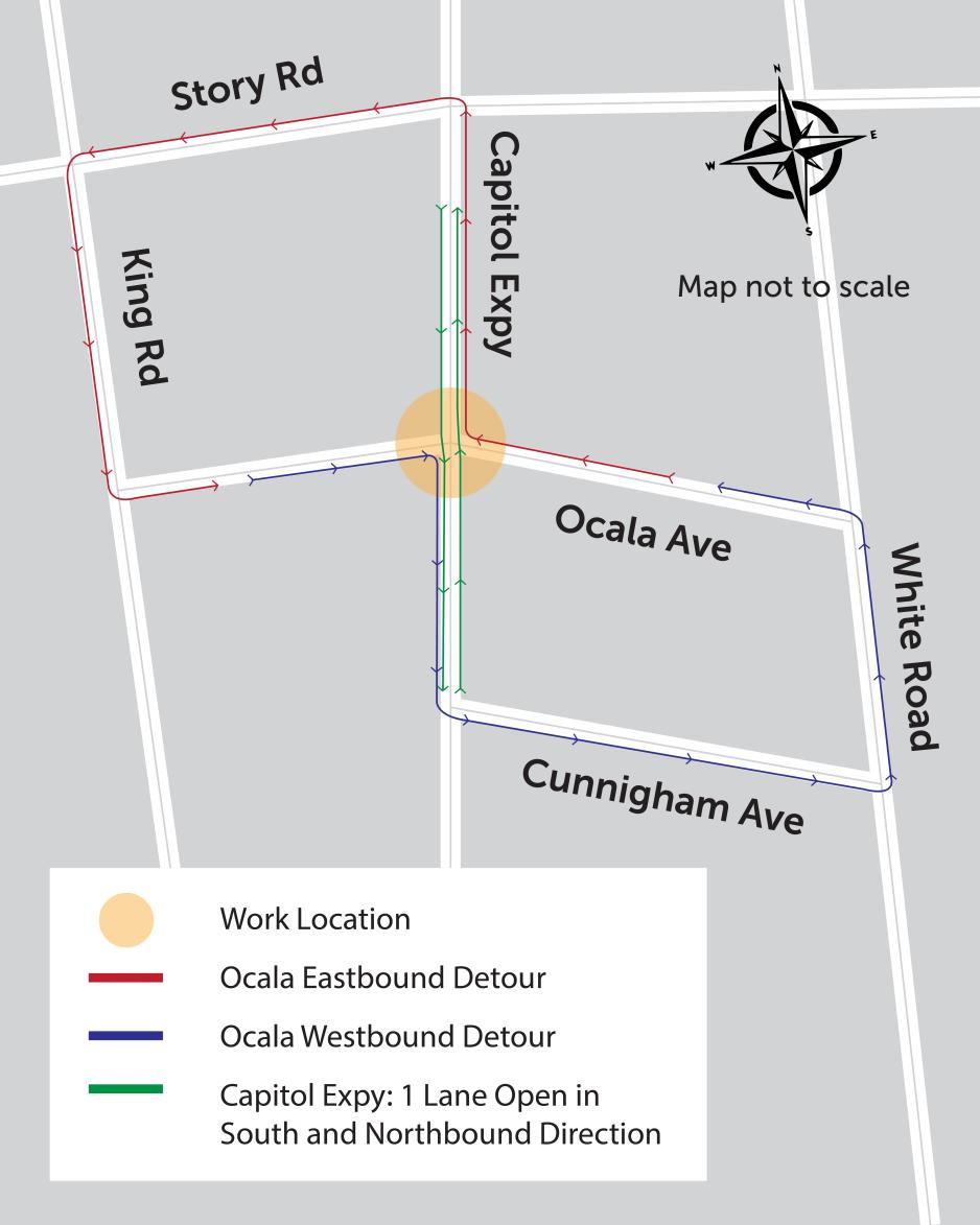 An aerial map of the Capitol Expressway and Ocala Avenue Intersection, showing that through traffic is not allowed in the East and Westbound directions.