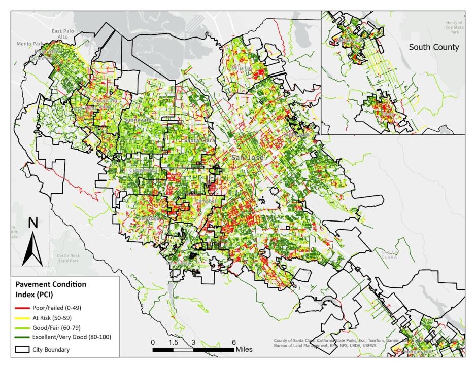 a color-coded map for Santa Clara County 2024 local streets PCI. The map corresponds with the PCI scores for each jurisdiction shown in Table 1.  Locations with more red spots (pavement at poor/failed condition) include: east, west, and south sections of San Jose, and central section of Gilroy.