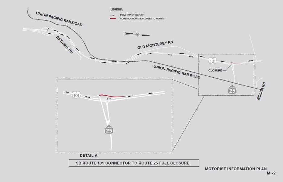 Detour Route Map for southbound US 101 off-ramp to SR 25 closure