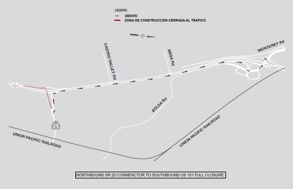 Detour Route Map for SR 25 to the southbound US 101 on-ramp closure