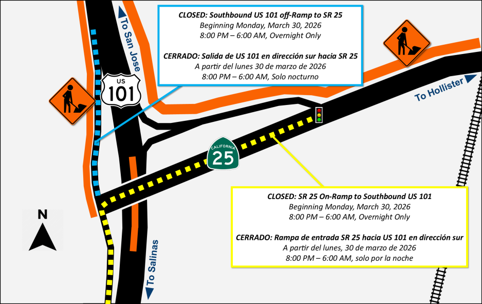 Map showing overnight ramp closures at the US 101 and SR 25 interchange. Beginning Monday, March 30, 2026, from 8:00 PM to 6:00 AM, the southbound US 101 off-ramp to SR 25 and the SR 25 on-ramp to southbound US 101 are closed. Detours are indicated along SR 25 with traffic signals. Directions to San Jose (north), Hollister (east), and Salinas (south) are labeled.