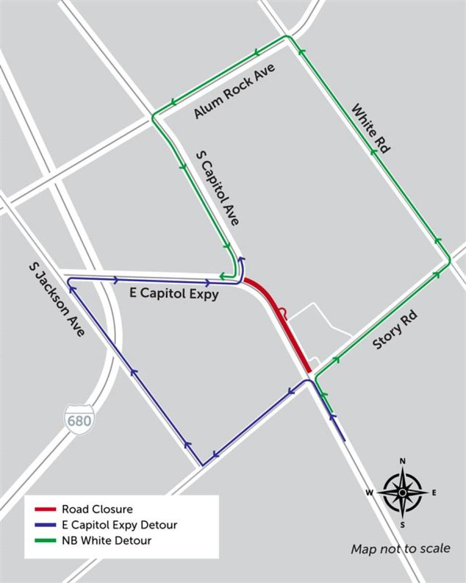 A detour map for the Northbound Capitol Expressway closure, between Story Road and Capitol Avenue.