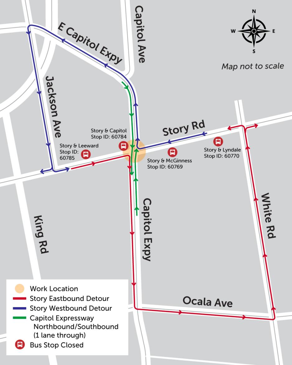 the detour map for the East and Westbound closure of the Story Road and Capitol Expressway closure.