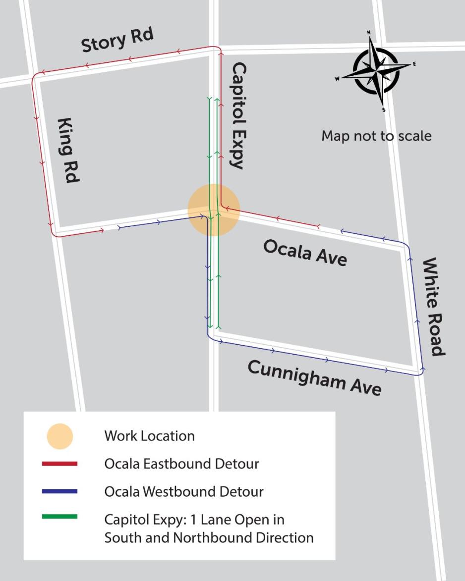 An aerial map of the Capitol Expressway and Ocala Avenue Intersection, showing detour routes.