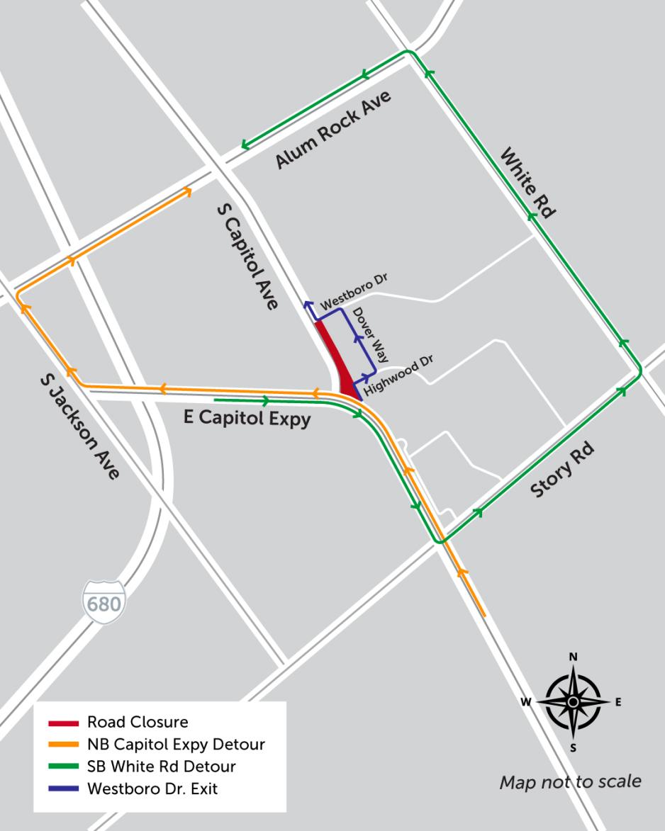 A detour map for the Northbound Capitol Avenue closure, between Capitol Expressway and Westboro Drive