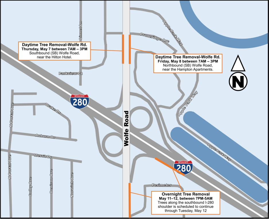 Map of I-280/Wolfe Road interchange showing daytime tree removal on SB Wolfe near Hilton (May 7, 7 a.m.–3 p.m.) and NB Wolfe near Hampton Apartments (May 8, 7 a.m.–3 p.m.), plus overnight SB I-280 shoulder work May 11–12, 7 p.m.–5 a.m. Orange highlights indicate work zones.