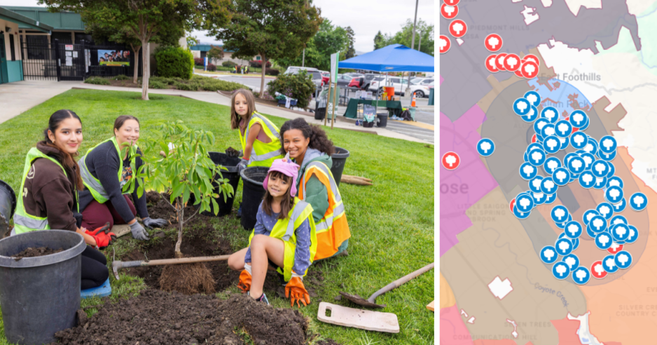 Happy teenagers and trees. A map of tree-planting locations