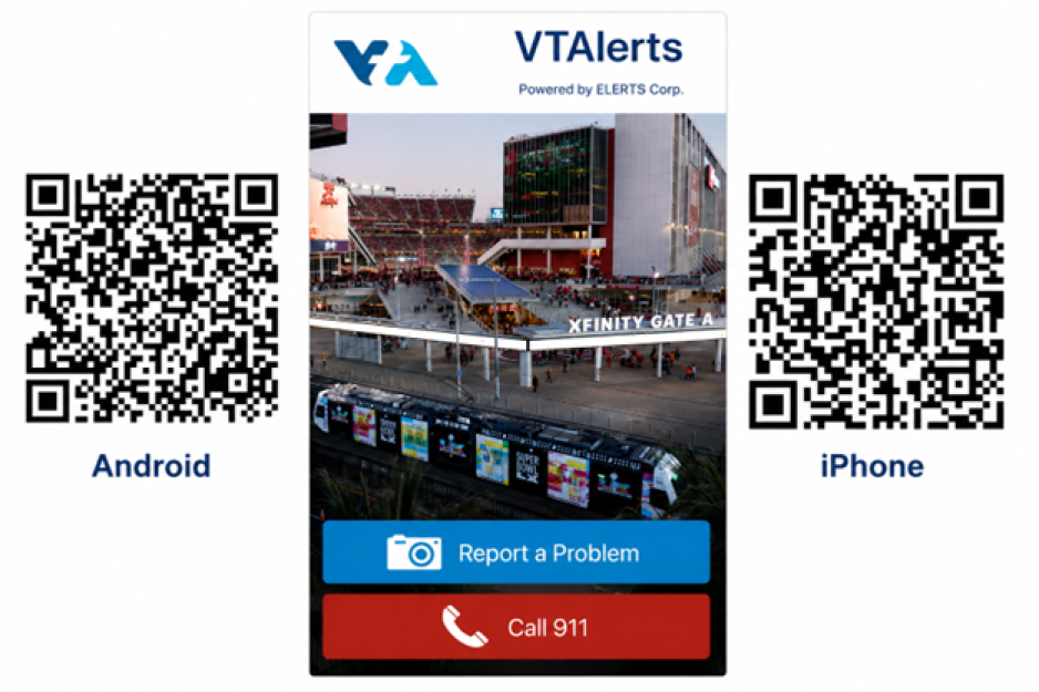 QR code for android and iphone and train in front of stadium