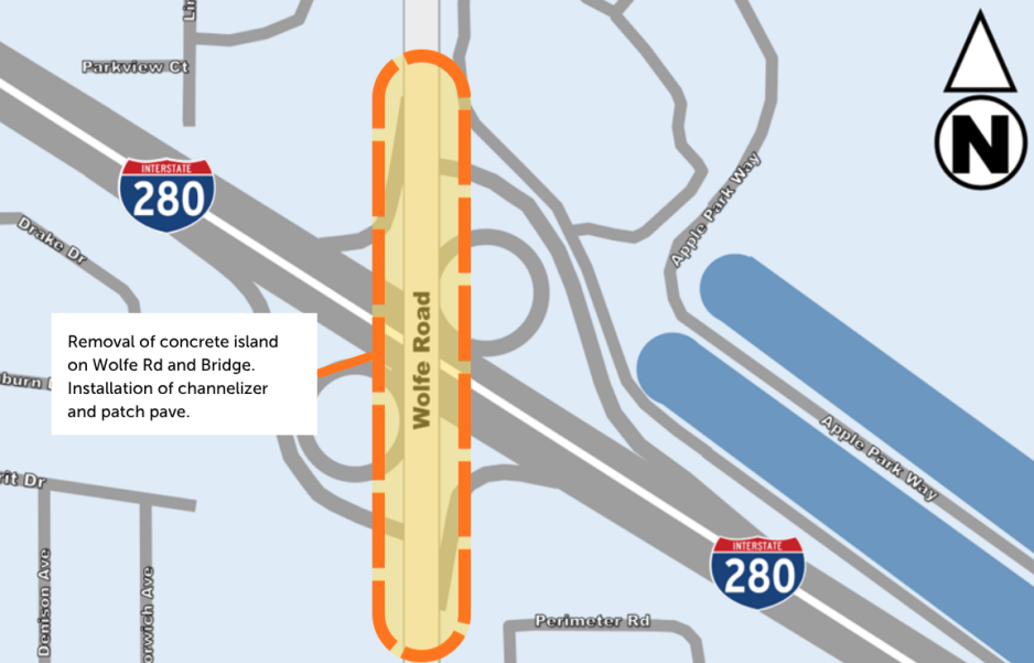 Map of I-1280/wolfe rd interchange highlighting the median as the construction area