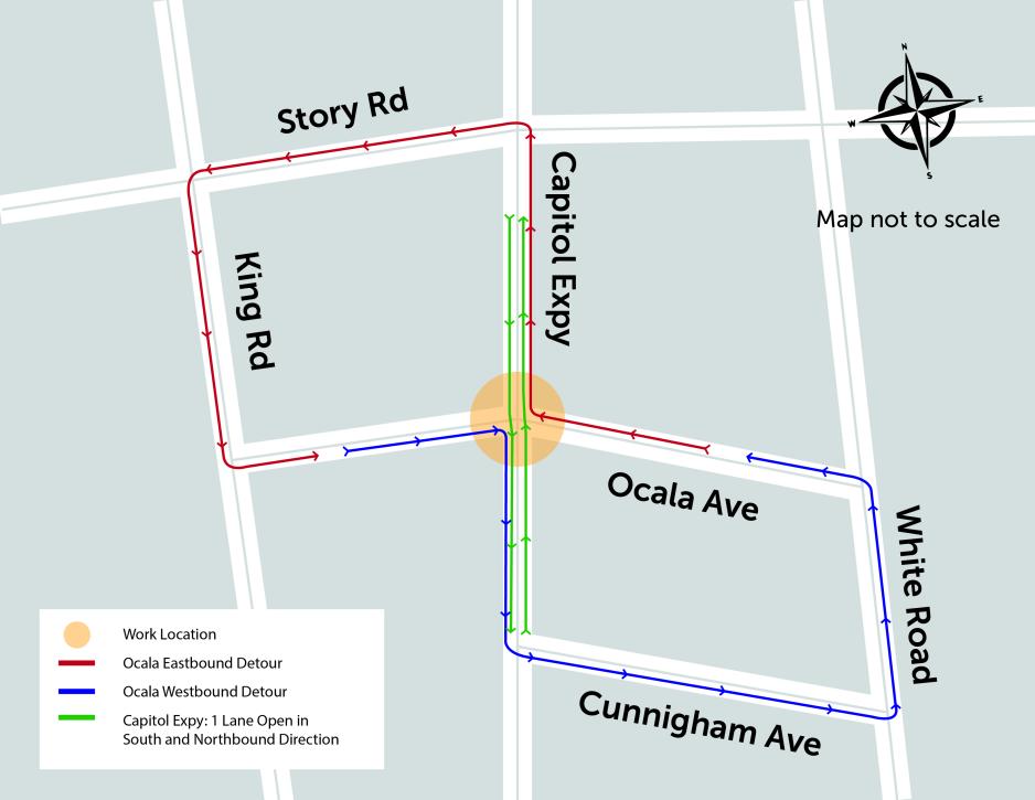 A detour map for the Ocala Avenue and Capitol Expressway intersection closure.
