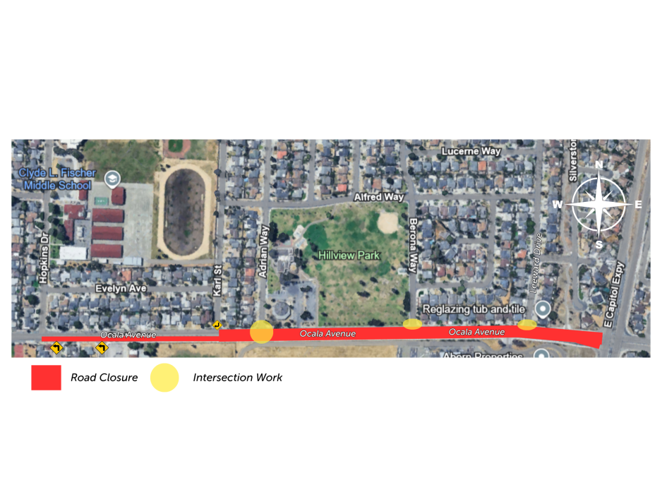 An aerial map of the neighborhood around Ocala Avenue showing that Ocala Avenue is closed, as well as the intersections of Leeward, Berona, and Adrian.