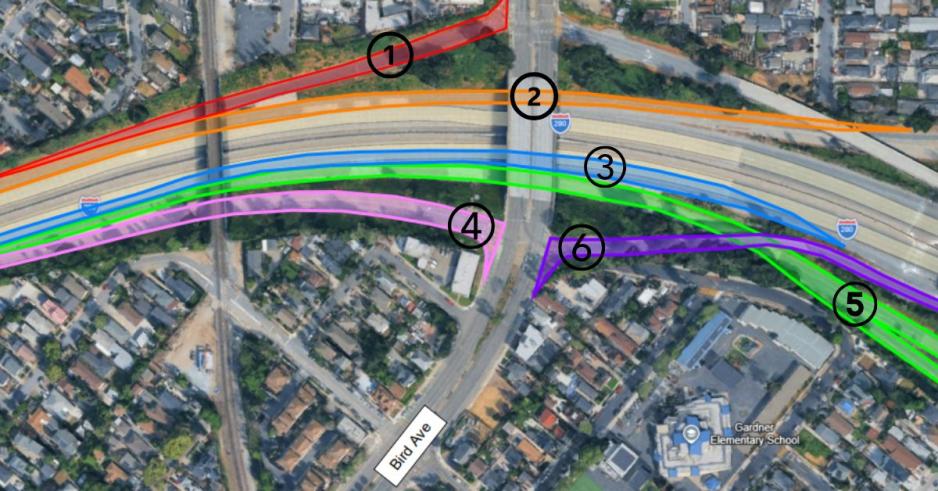 An aerial map of the 280/Bird Avenue freeway on/off ramps. Select stretches of road are marked and numbered, representing that they will be closed.