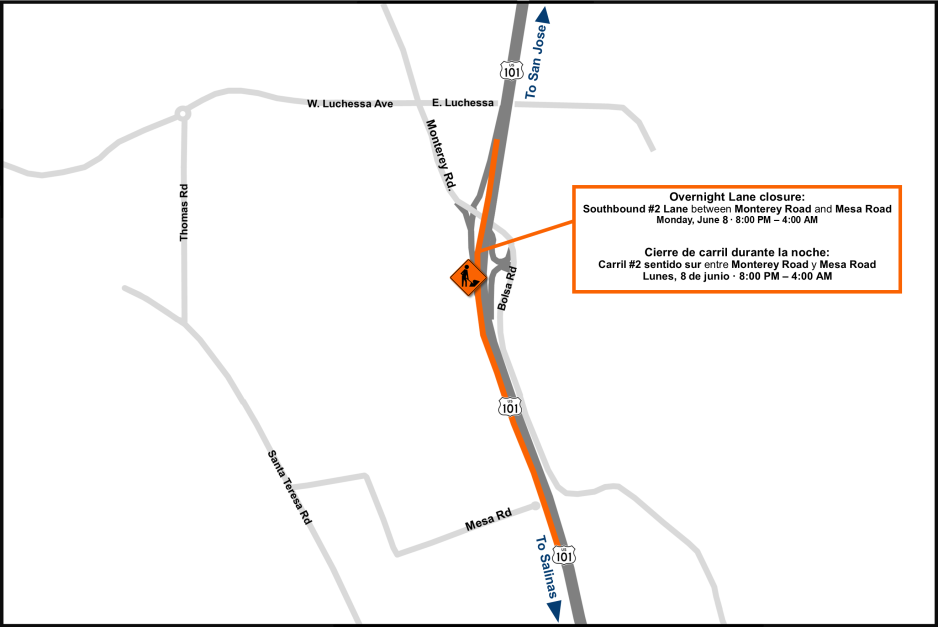 Traffic map showing an overnight closure of the southbound US-101 #2 lane between Monterey Road and Mesa Road. The closure is scheduled for Monday, June 8, from 8:00 PM to 4:00 AM. The affected lane is highlighted in orange on southbound US-101 near Bolsa Road, with surrounding roads including Monterey Road, Mesa Road, and East/West Luchessa Avenue shown for reference. Spanish-language closure information is also provided.
