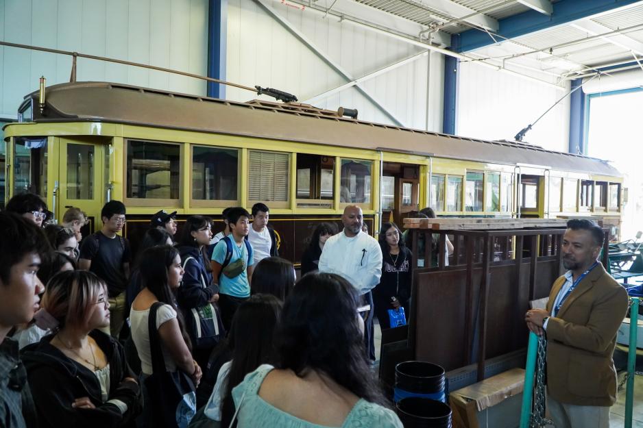 Students learning about the VTA light rail trolley history