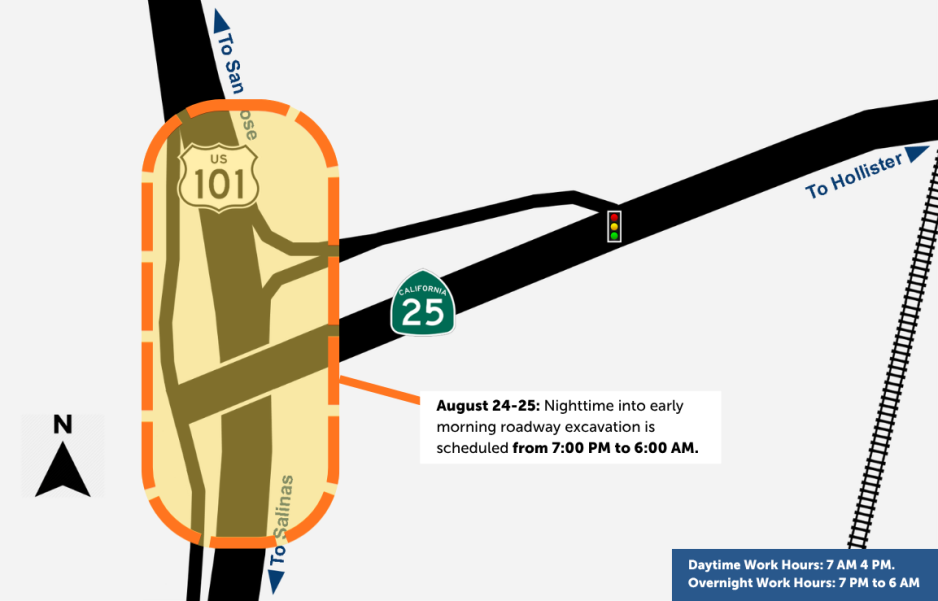 Traffic map of the US 101/SR 25 interchange showing the work area outlined in orange. Nighttime roadway excavation is scheduled August 24–25 from 7 p.m. to 6 a.m. Daytime work hours are 7 a.m. to 4 p.m. The map shows directions toward San Jose, Salinas, and Hollister.