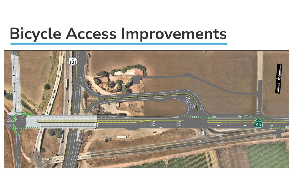 Bicycle Access Improvements" heading for context): "Aerial map showing new bike path alignment (yellow) alongside US 101 and SR 25, with marked bike crossings (green stripes) at ramp intersections.