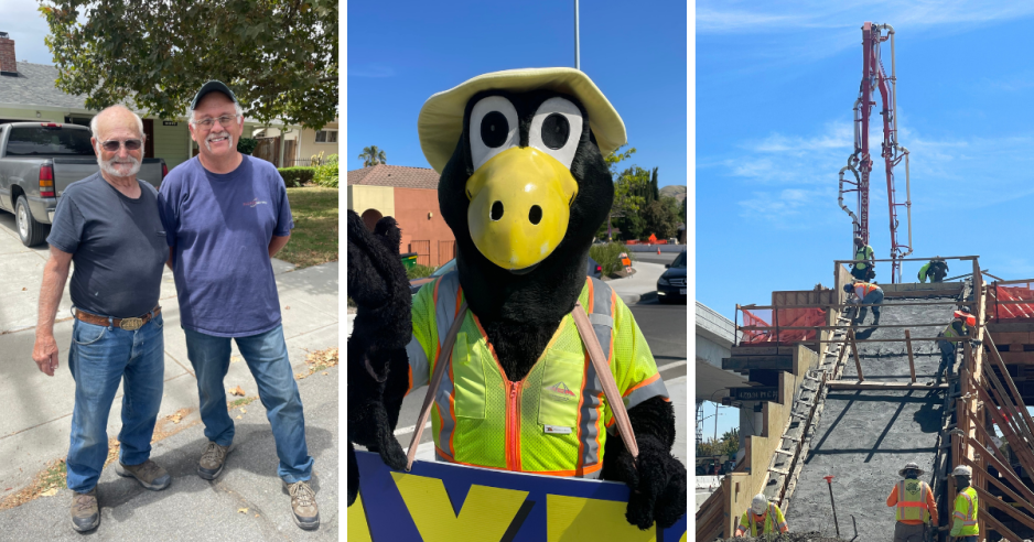 3 photos: two homeowners, a crow character, and construction.