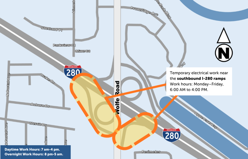Traffic map showing temporary electrical work near the southbound I-280 ramps at Wolfe Road, Monday through Friday, 6 a.m. to 4 p.m. Work areas are highlighted in orange.