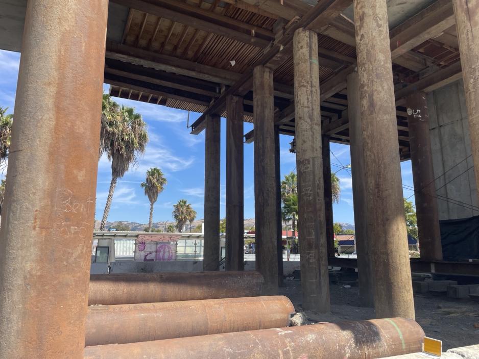 A closer look at one of the main falsework components: steel pipe piles on Capitol Expressway and Story Road.