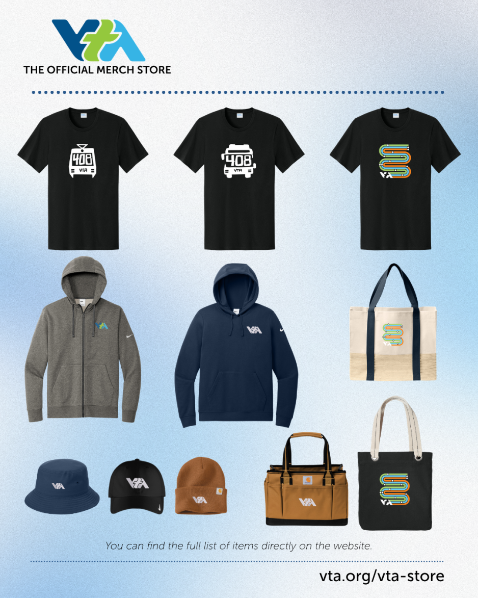 VTA merchandise photo with tshirts, sweaters and bags