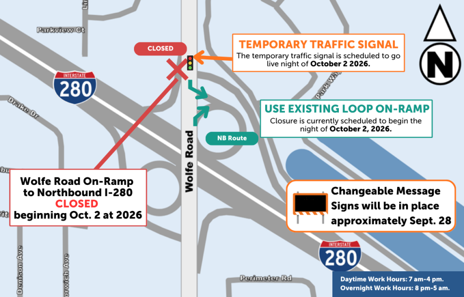 raffic map showing the Wolfe Road northbound I-280 on-ramp closure beginning October 2, 2026. Drivers are directed to use the existing loop on-ramp. A temporary traffic signal will begin operation October 2, with changeable message signs installed around September 28.