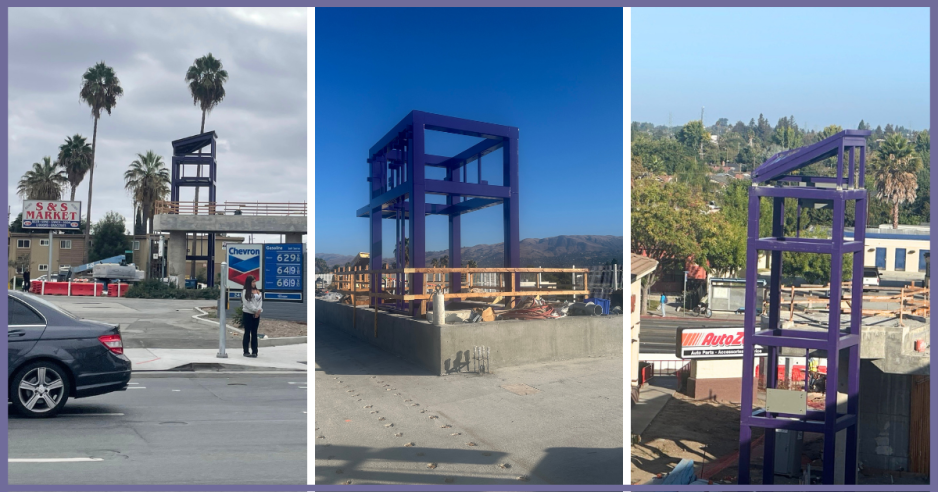 Purple steel structure for the future VTA Story Road Station