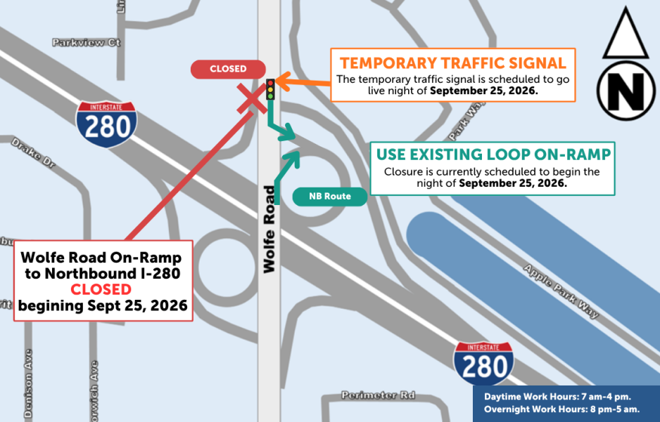 Map showing the Wolfe Road on-ramp to northbound I-280 near Apple Park Way in Cupertino, closing the night of September 25, 2026. A temporary traffic signal at the closure point is also scheduled to go live that night. Drivers should use the existing loop on-ramp instead to access northbound I-280. Work hours are 7 am–4 pm daytime and 8 pm–5 am overnight.