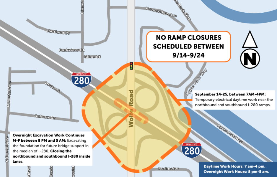 Traffic map showing I-280 and Wolfe Road construction. Overnight excavation will close northbound and southbound I-280 inside lanes Monday–Friday, 8 p.m.–5 a.m. Temporary daytime electrical work occurs near the ramps, 7 a.m.–4 p.m., September 14–25. No ramp closures are scheduled September 14–24.