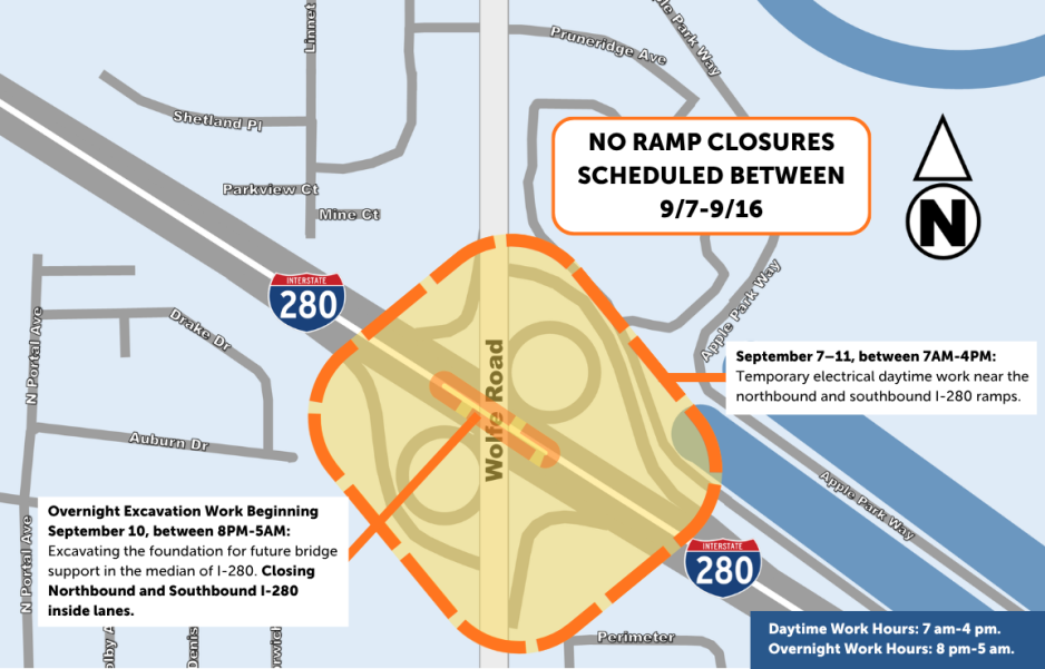 Traffic map of the I-280/Wolfe Road interchange showing no ramp closures September 7–16. Daytime electrical work occurs September 7–11, and overnight excavation begins September 10, requiring inside-lane closures on northbound and southbound I-280.