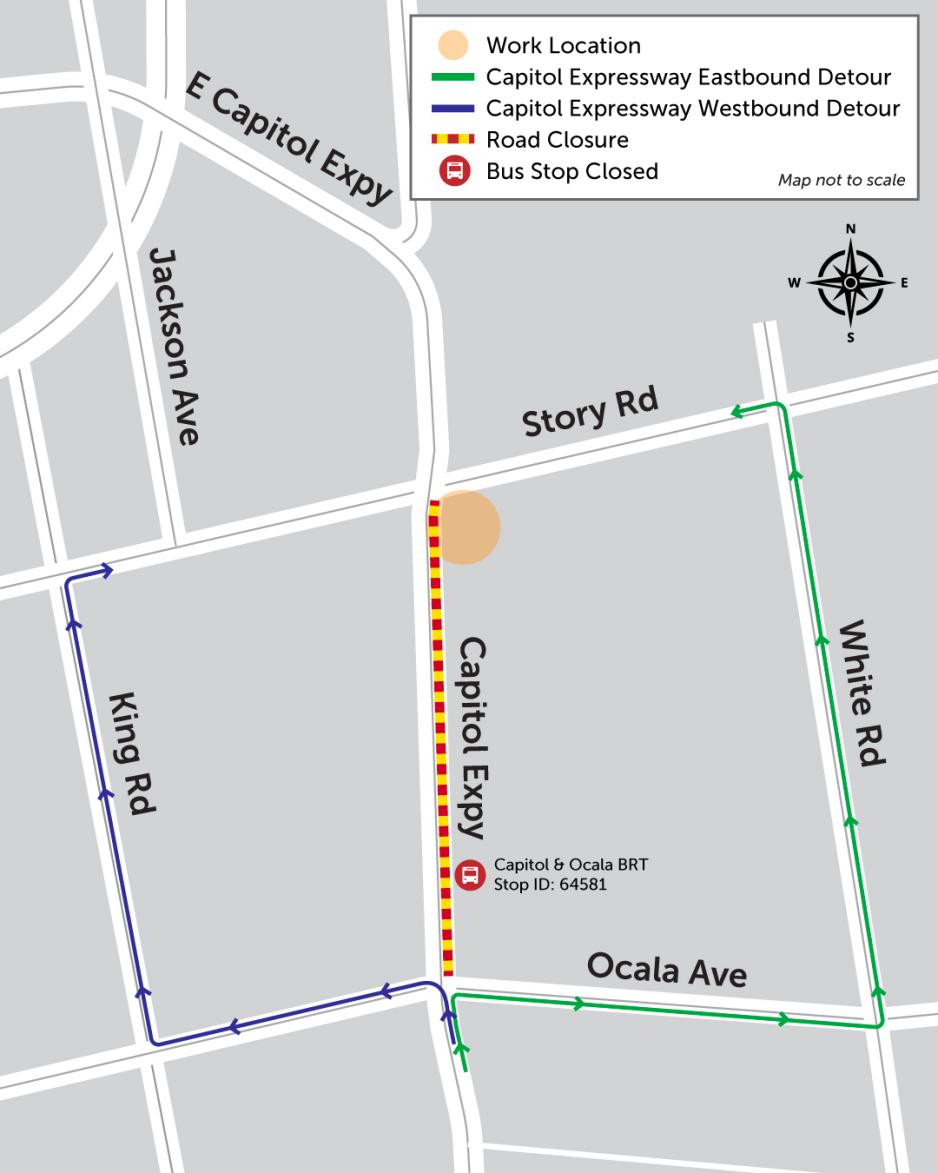 A detour map for the Northbound Capitol Expressway closure, between Ocala Avenue and Story Road.