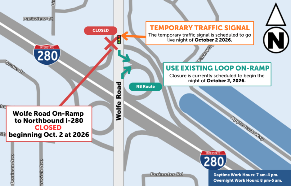 Map showing the Wolfe Road on-ramp to northbound I-280 closed beginning the night of October 2, 2026. Drivers should use the existing loop on-ramp for the northbound route. A temporary traffic signal at the intersection is scheduled to go live the same night, October 2, 2026. Daytime work hours are 7 a.m. to 4 p.m.; overnight work hours are 8 p.m. to 5 a.m. Map is oriented with north at the top right.
